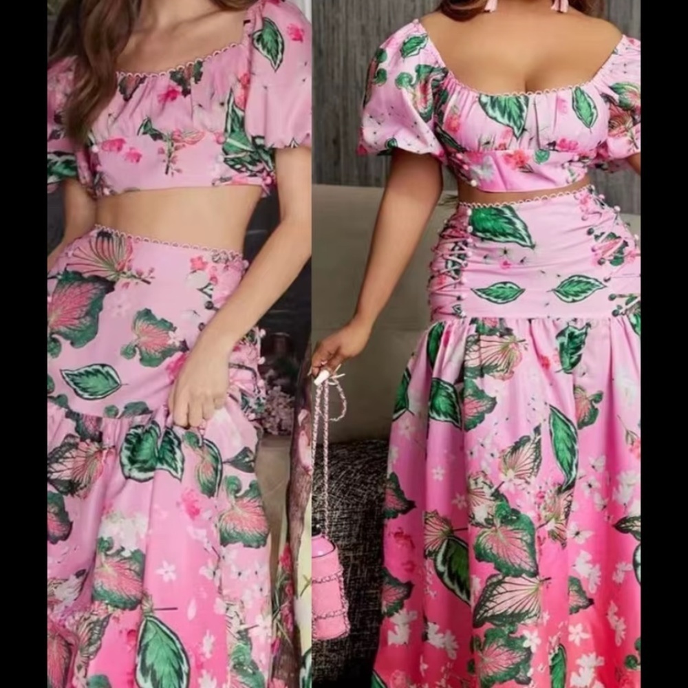 L’Atiste by Amy Pink Floral Butterfly Two-Piece Puff Sleeve Crop Top & Maxi Skir